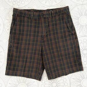 NORDSTROM Casual Plaid Shorts Brown/Olive Cotton Flat Front